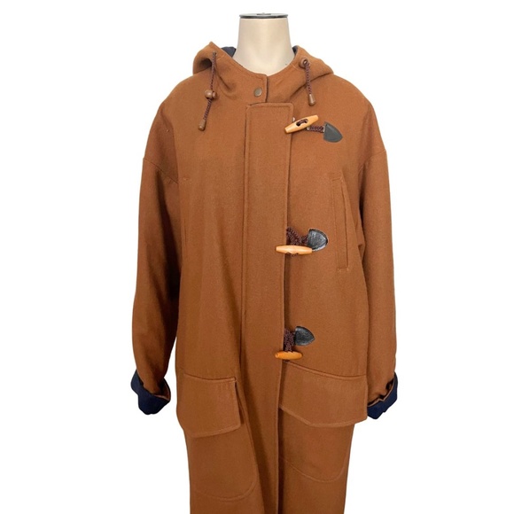 Vintage 1980s 90s Stephanie Mathews Camel Brown and Navy Wool Toggle Coat // S - Picture 4 of 10